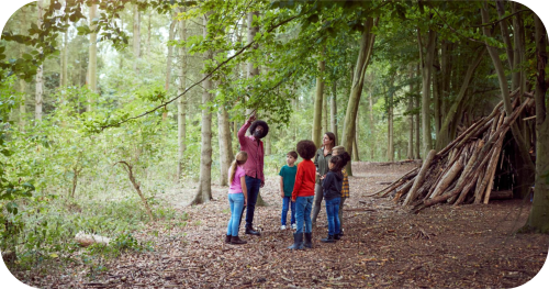 Sfeerbeeld van een groep kinderen met begeleider, die in de natuur staan